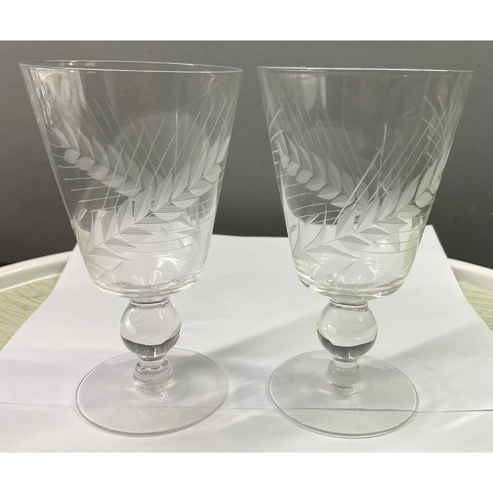 2 Libby Ball Stem Pilsner Drinking Glasses Vtg Etched Glass Wheat Pattern 6